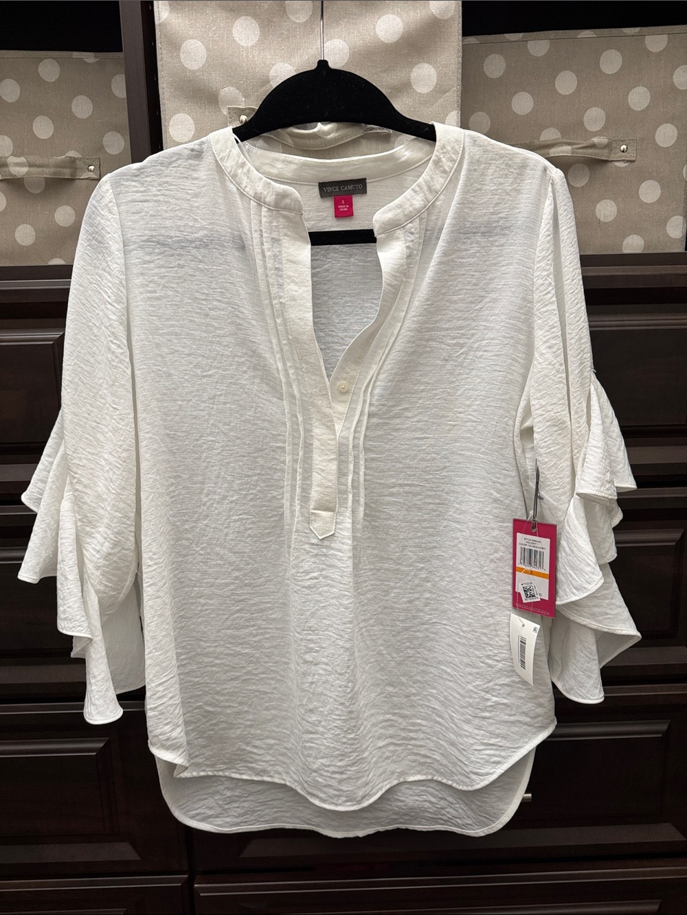 Vince Camuto Cream Ruffle Sleeve Split-Neck Blouse